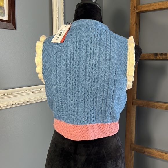 Cider Knit Multi Color Vest with Pom Poms. Sleeveless Sweater Vest L Preppy NWT - Picture 8 of 10